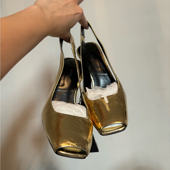 NWT Massimo Dutti gold square toe heel sandal 37 - Picture 2 of 9